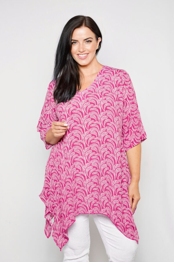 Our model is wearing Angel CIrcle paisley tunic in raspberry for Froxx Clothing