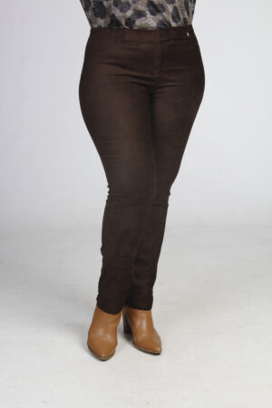 Our model is wearing Robell Rose faux suede trousers in chocolate for Froxx Clothing
