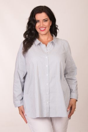 Our model is wearing Via Appia striped shirt in blue/white for Froxx Clothing plus sizes
