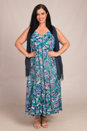 Our model is wearing Orientique Cayman strappy dress in navy/teal for Froxx Clothing plus sizes