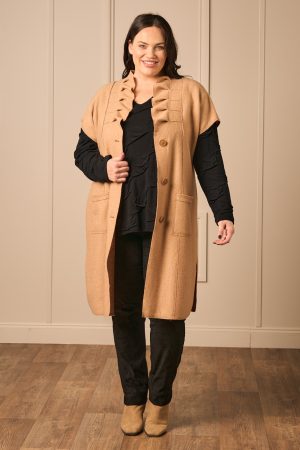 Our model is wearing Noen boiled wool gilet in camel for Froxx Clothing plus sizes