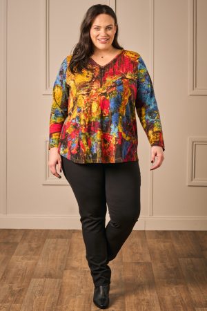 Our new model is wearing Orientique V neck tee in mustard for Froxx Clothing plus sizes