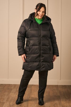 Our model is wearing Frandsen puffa jacket in black for Froxx Clothing plus sizes in Farnham