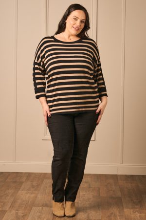 Our gorgeous model Zhana Paton is wearing Via Appia stripe jumper in black and sand for Froxx Clothing
